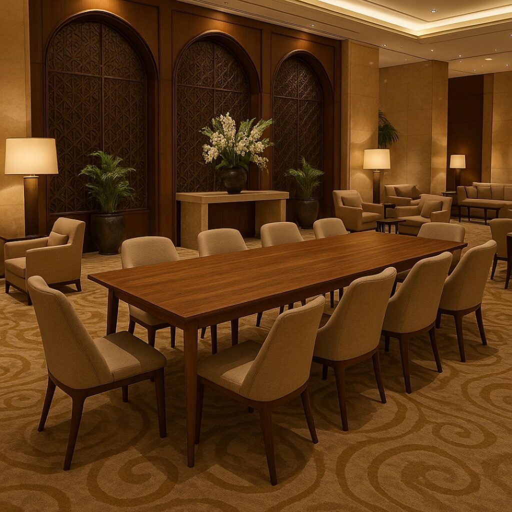 A formal meeting room table like this offers both function and elegance, with its substantial wood build and matching high-back chairs framed by traditional wall panelling and soft ambient lighting. Perfect for executive b