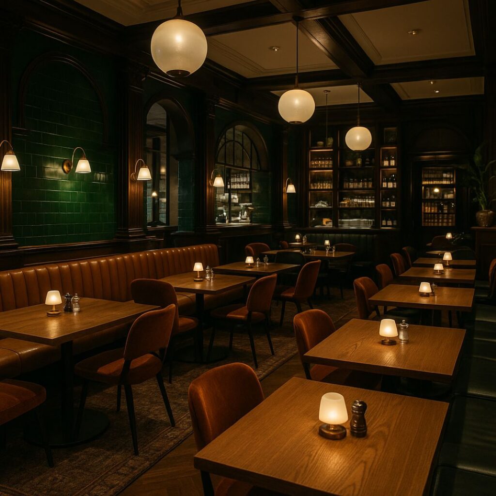 A moody restaurant table like this one is designed for atmospheric dining, with its slim profile and candlelit surface creating a warm, intimate experience. Surrounded by booth seating and dark wood panelling, it’s an idea