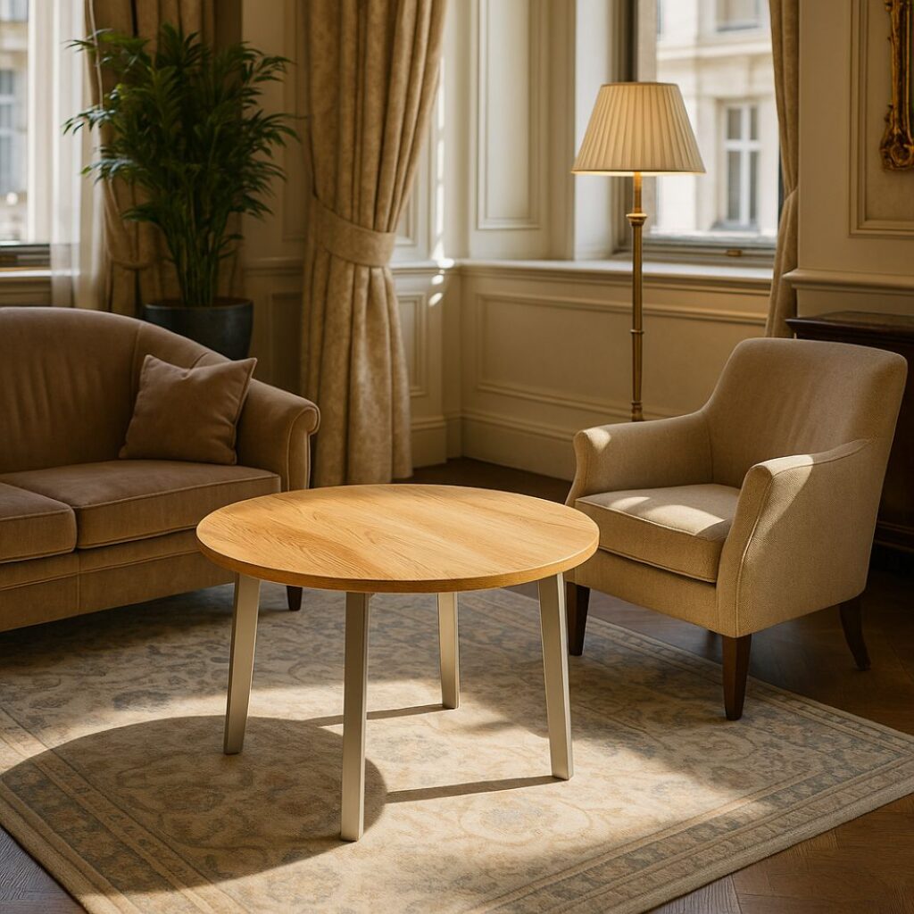 Placed at the centre of a traditional sitting room, this living room coffee table features a light wood finish and compact round design that ties the space together. With armchairs and draped curtains all around, it serves