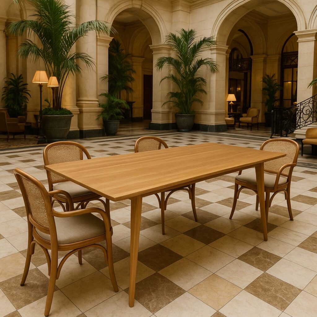 This classic courtyard dining table brings a sense of timeless grandeur to an indoor atrium, flanked by elegant wooden chairs and tall potted palms. Its long rectangular shape and graceful setting are perfect for formal ba