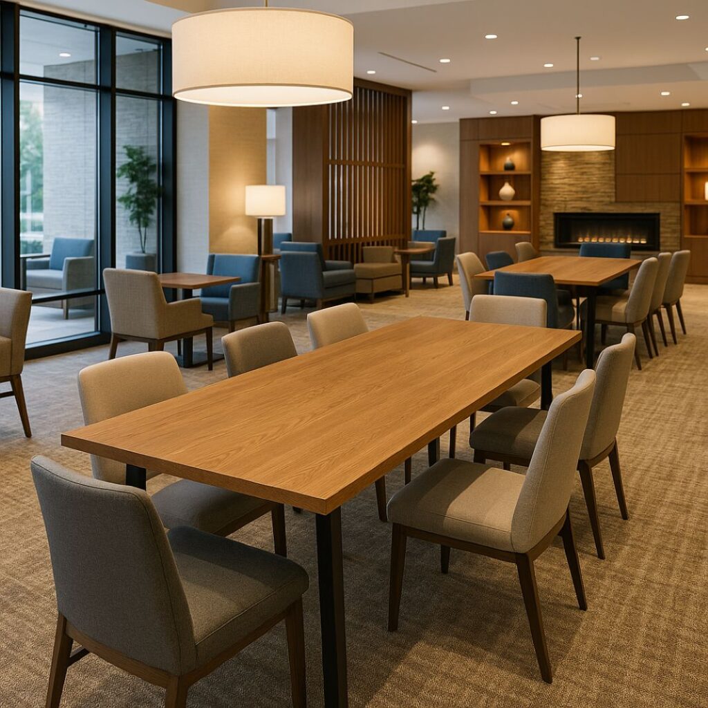 This contemporary boardroom table anchors a bright and well-organised meeting space, with its clean lines and neutral wood tone giving it a professional yet approachable feel. Surrounded by cushioned modern chairs, it’s id