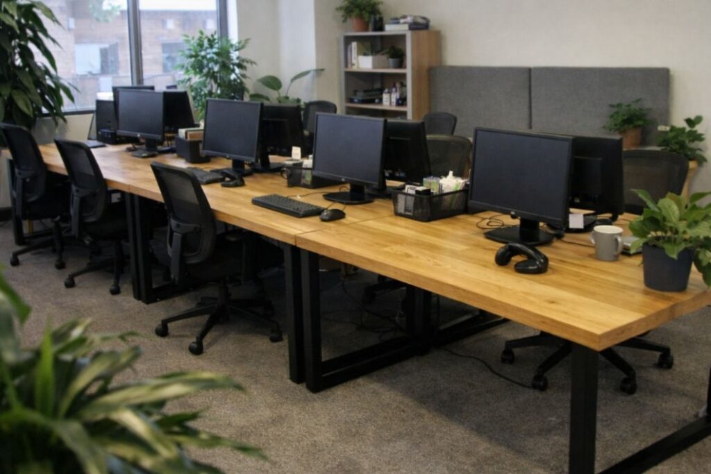an illustrative image a row of uniform wooden office desks