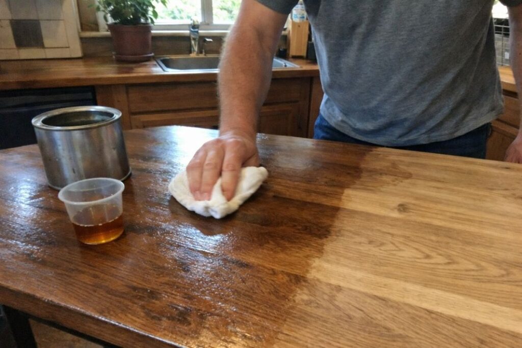 an illustrative image of a person applying hardwax oil to a wooden table