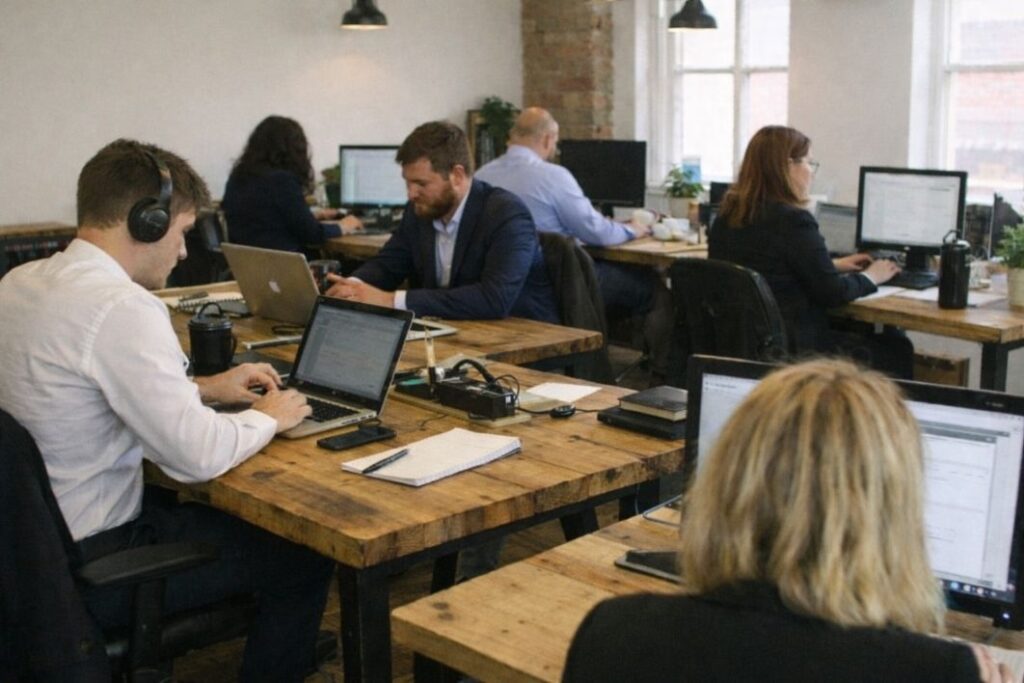 an illustrative image of a shared office with multiple wooden desks