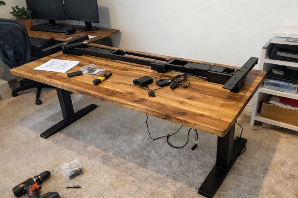 an illustrative image of a solid wood table top with adjustable frame