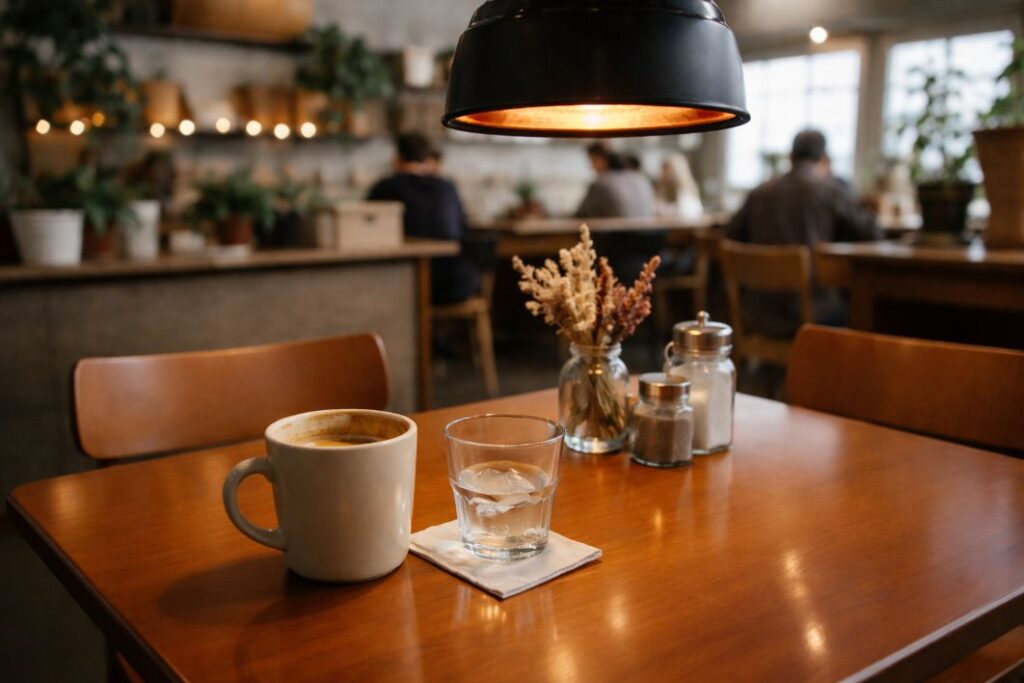 an illustrative image of a wooden table in a cafe