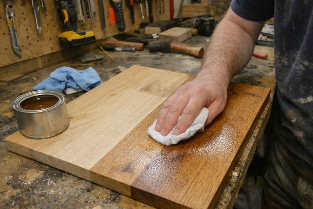 an illustrative image of a workshop bench and close up of someone applying hardwax oil