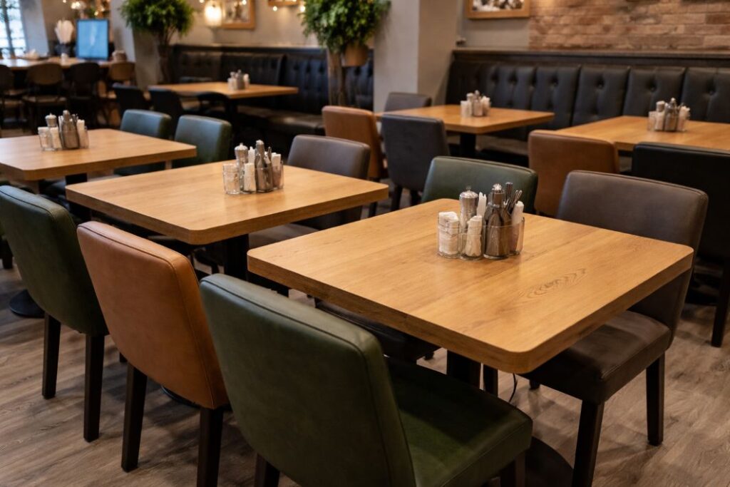 an illustrative image of multi chamfer edge tables in a restuarant