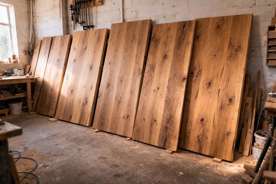 an illustrative image of oak table top leaning against a workshop wall
