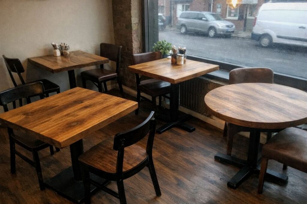 an illustrative image of smale bistro with wooden tables