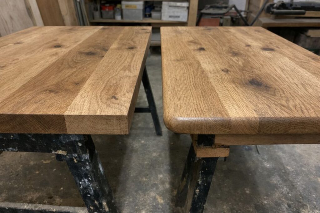 an illustrative image of two wooden table top in a workshop one with square edges one with round edges