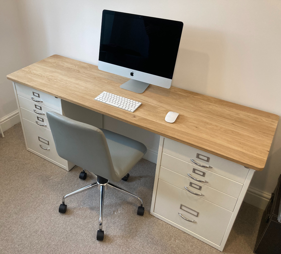 Bespoke solid oak desk top for Bisley drawer units