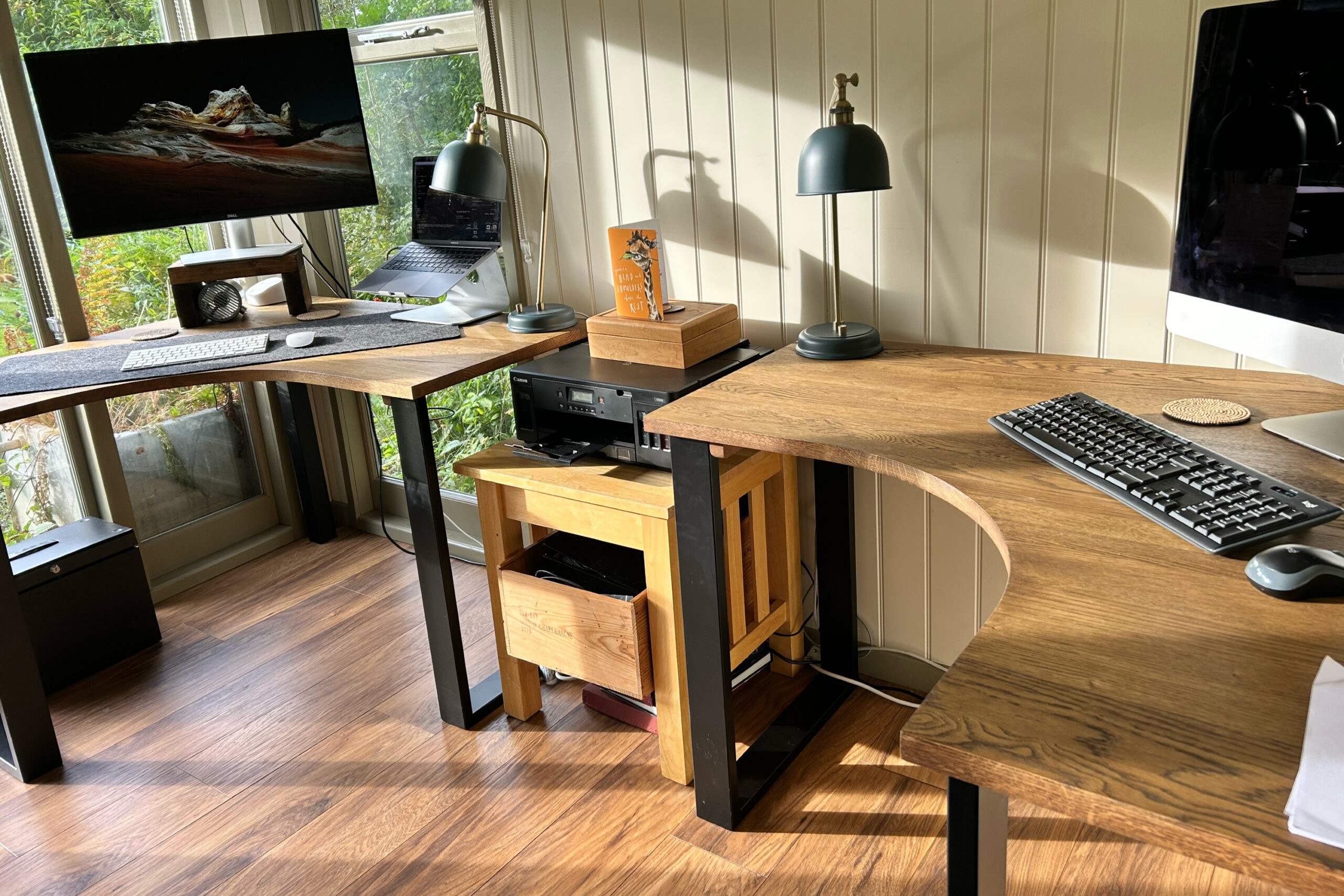 Pair of bespoke shaped solid oak desk tops